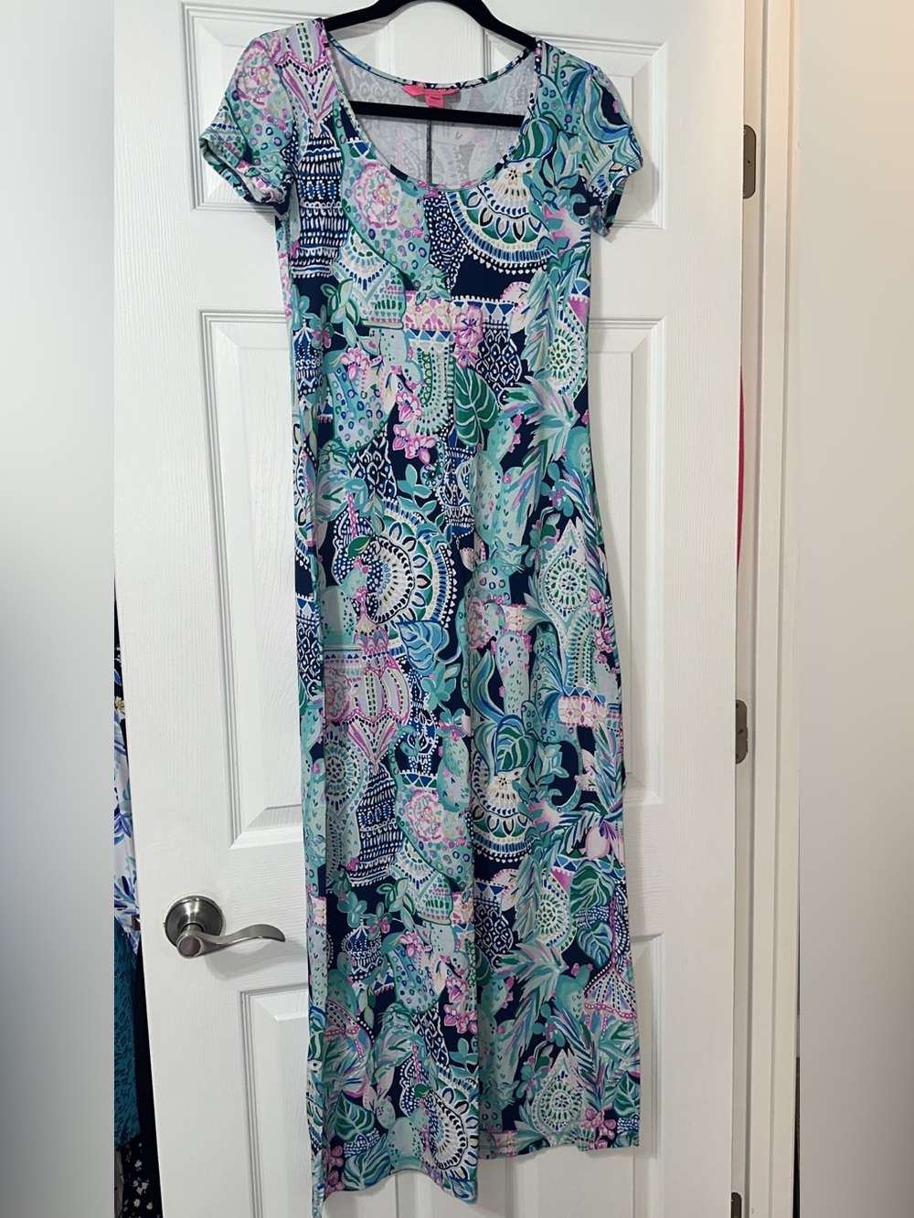 Lilly Pulitzer Navy, Aqua & Pink Printed Maxi Dress